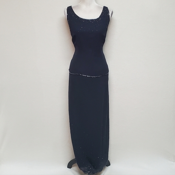 Vintage J Kara Navy Blue Chiffon Beaded Scalloped Maxi Dress Jacket Set 16 - Picture 11 of 16